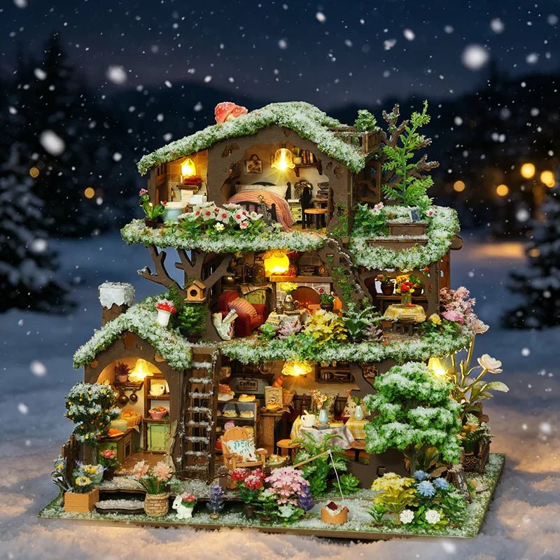 Wooden Treehouse Kit - DIY Snow Scene Villa Miniature Model - NookFan